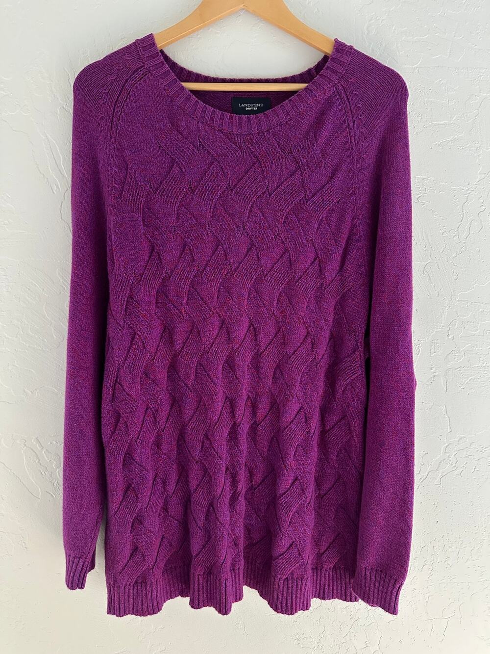 LANDS END Drifter 3X Purple Marled Basketweave Cable Knit Cotton Sweater Classic